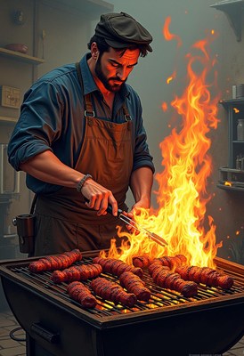 Chef grilling sausages with flames in kitchen setting