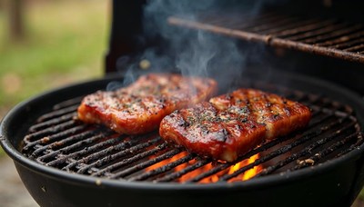Grilling juicy meat on a barbecue in the backyard