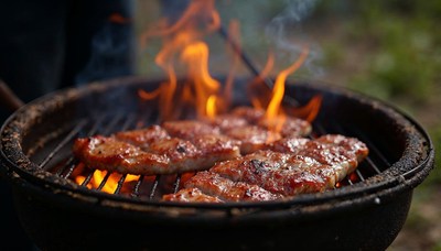 Grilling steaks over open flames in summer