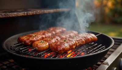 Grilling marinated meat on a summer evening