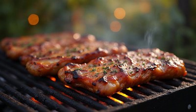 Grilling marinated pork ribs in a backyard setting