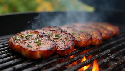 Grilling meat with smoky flavors in backyard setting