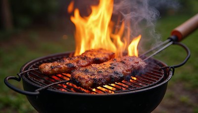 Grilling steaks over an open flame in a backyard setting