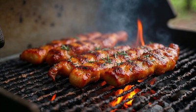 Grilling succulent skewers over open flames outdoors