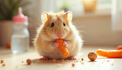 Cute hamster munching on a carrot in a cozy room