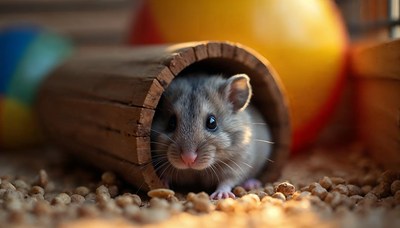 Hamster peeks out from wooden tunnel during playtime