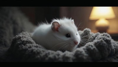 Cute white hamster resting on a fluffy surface at night
