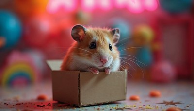 Cute hamster sitting in a small box surrounded by colors