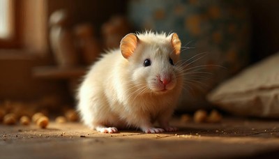White hamster exploring a cozy indoor space