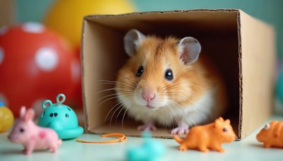 Cute hamster exploring a box with colorful toys