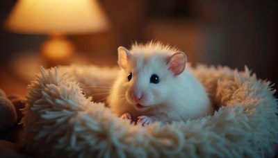 Hamster resting in cozy bedding under warm light