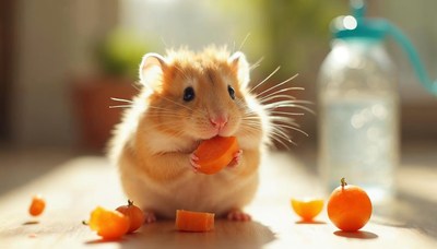 Cute pet hamster enjoys a snack in a cozy home setting
