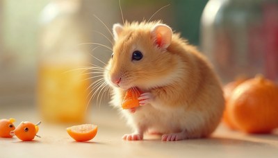 Hamster enjoys an orange slice in a cozy indoor setting