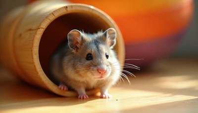 Cute hamster peeking out from a wooden tunnel indoors