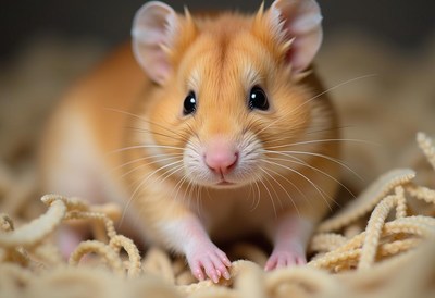Cute golden hamster exploring its cozy bedding