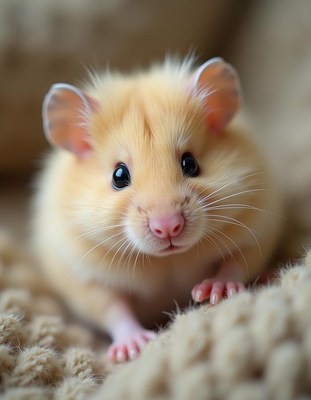 Cute golden hamster exploring a cozy blanket