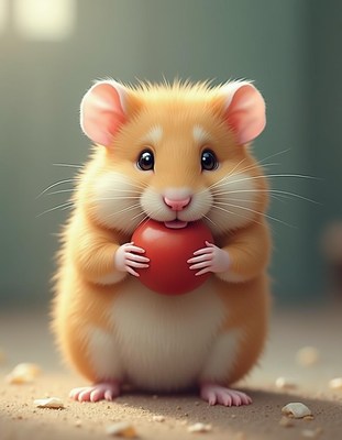 Adorable hamster with a red ball during playful moment