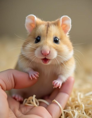 Happy hamster being held by a person in a cozy setting