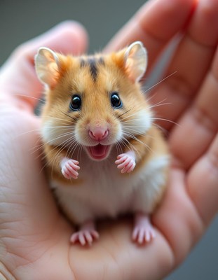 Cute hamster being held gently in a person's hand