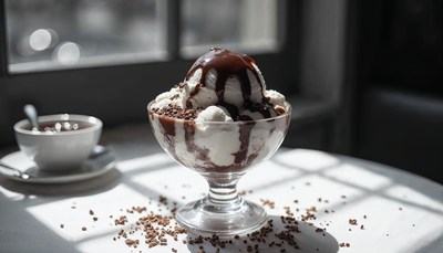Delicious dessert bowl with chocolate drizzle and ice cream