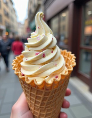 Indulging in creamy soft serve on a bustling street