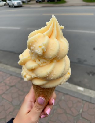 Enjoying a large soft-serve ice cream cone on a summer day