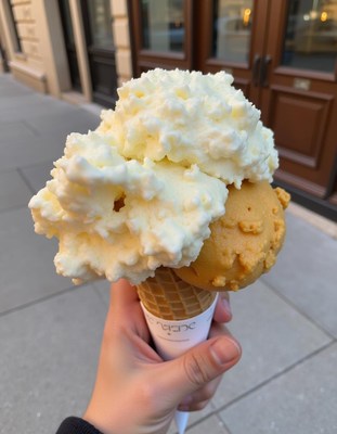 Enjoying a large ice cream cone on a city street