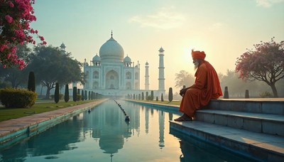 Serene morning by the taj mahal with a contemplative figure