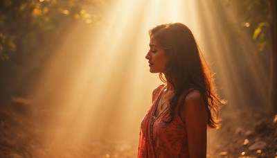 Woman enjoying sunlight in forest during golden hour