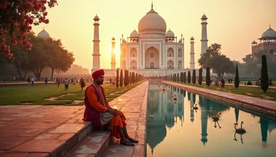 Sunlit evening by the taj mahal with tranquil reflections