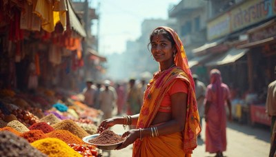Vibrant market woman showcasing spices in colorful setting