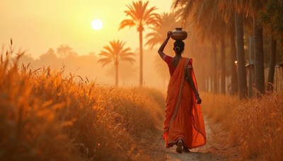 Woman in vibrant attire carries pot during sunset walk