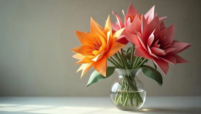 Colorful paper flowers in a glass vase on a table
