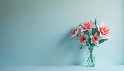 Fresh pink flowers in a clear vase on light blue background