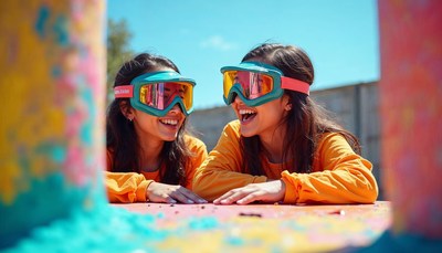 Friends enjoying colorful paint activity outdoors together