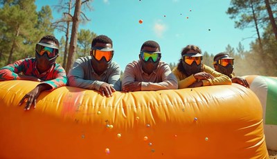 Group of friends enjoying colorful water balloon fun
