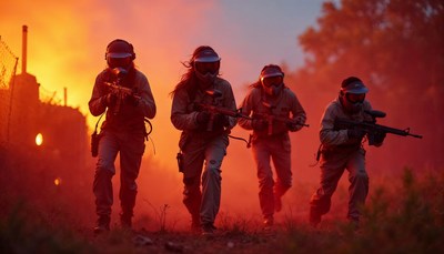 Soldiers advance through fiery landscape during dusk