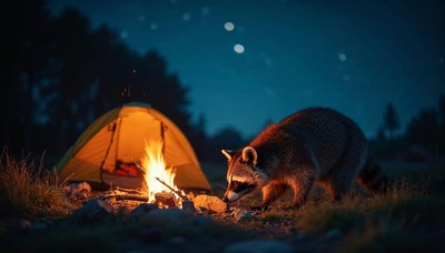 Raccoon exploring campsite near fire at night