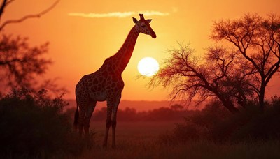 Giraffe silhouetted against a beautiful sunset in africa