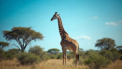 Giraffe in the savannah under a clear blue sky