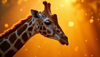 Giraffe silhouette against orange sunset background