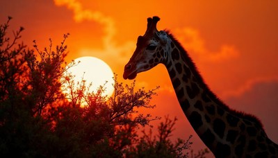 Giraffe silhouette against a vibrant sunset in nature