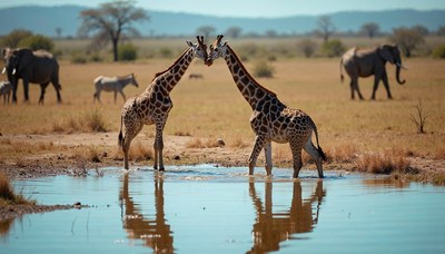 Giraffes and elephants by a watering hole in africa