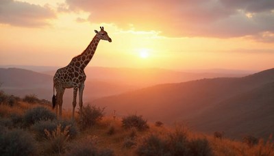 Giraffe stands tall against sunset in serene landscape