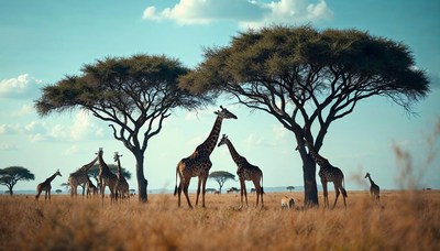 Giraffes grazing under acacia trees in the savanna
