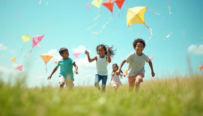 Children flying kites in a sunny field on a clear day