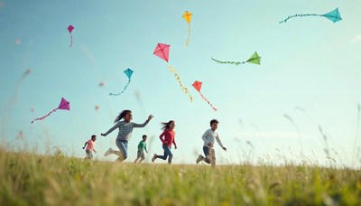 Children flying kites in a sunny open field