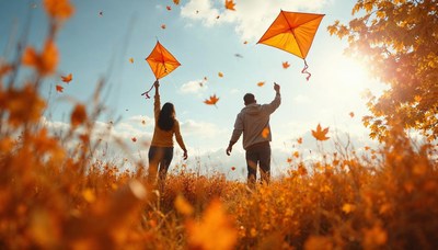 Joyful autumn day with kites in a field of leaves