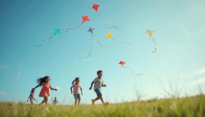 Children flying colorful kites during a sunny day outdoors