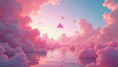 Kites flying above colorful clouds at sunset